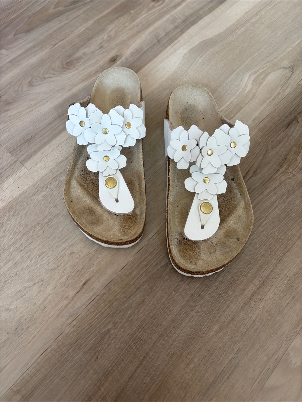 Birkenstock White Floral Thong Sandals with Gold Studs